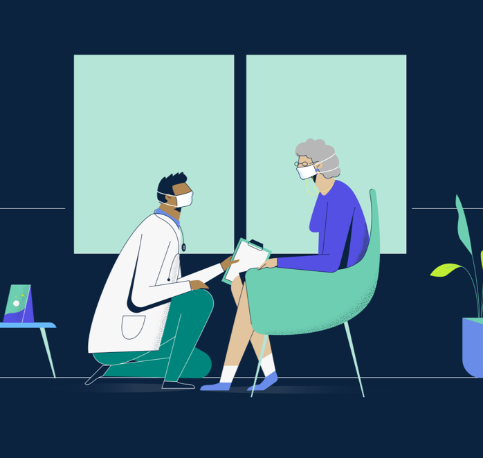 Animation of a mail doctor speaking with an older female patient